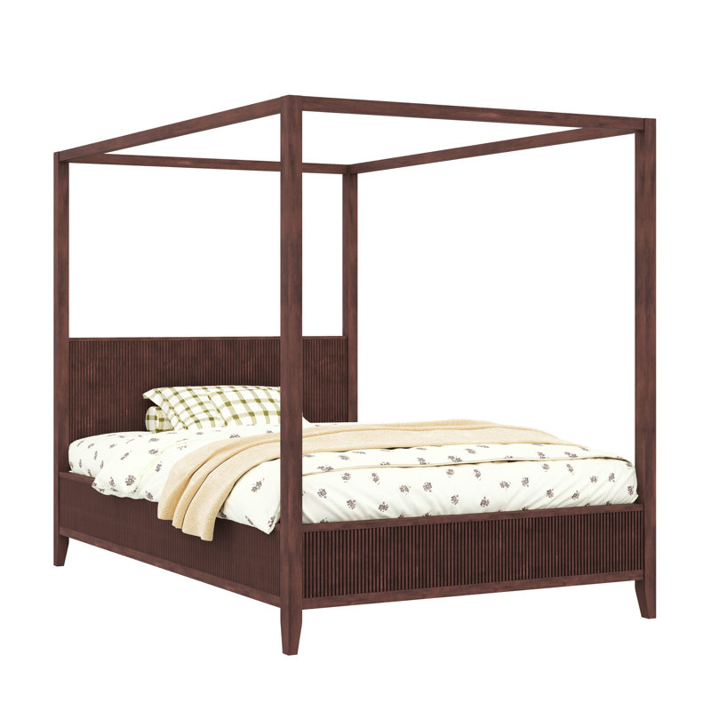 Grand lit plateforme à baldaquin en bois avec lattes de soutien, espresso, Grand lit
