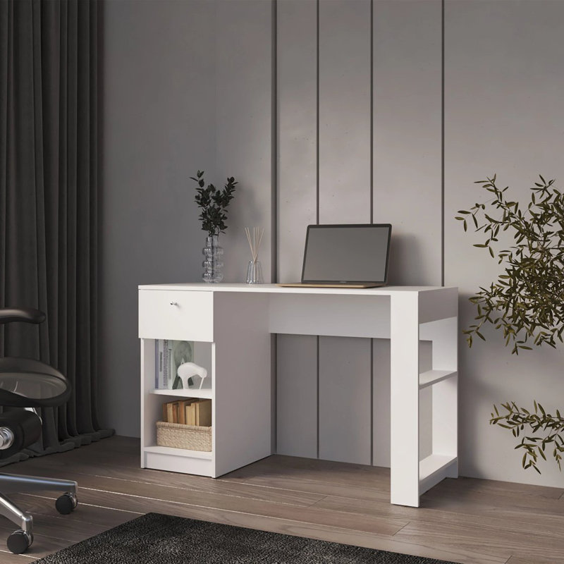 Bureau d'ordinateur blanc avec tiroir et rangement ouvert blanc