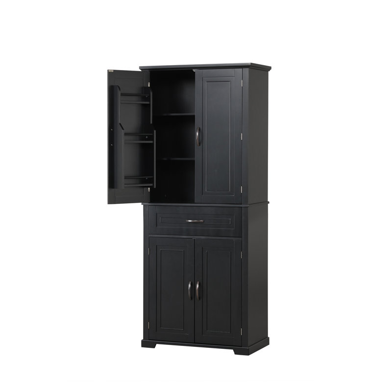 Armoire de rangement noire pour salle de bain avec portes et tiroir, tablette réglable, armoire en panneau de fibres à densité moyenne imperméable pour l'organisation de la salle de bain