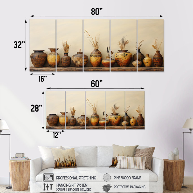 "Brown Minimalisme Pottery Formation - Boho Pottery", art mural 5 pièces pour le salon, H 32 po x l 80 po