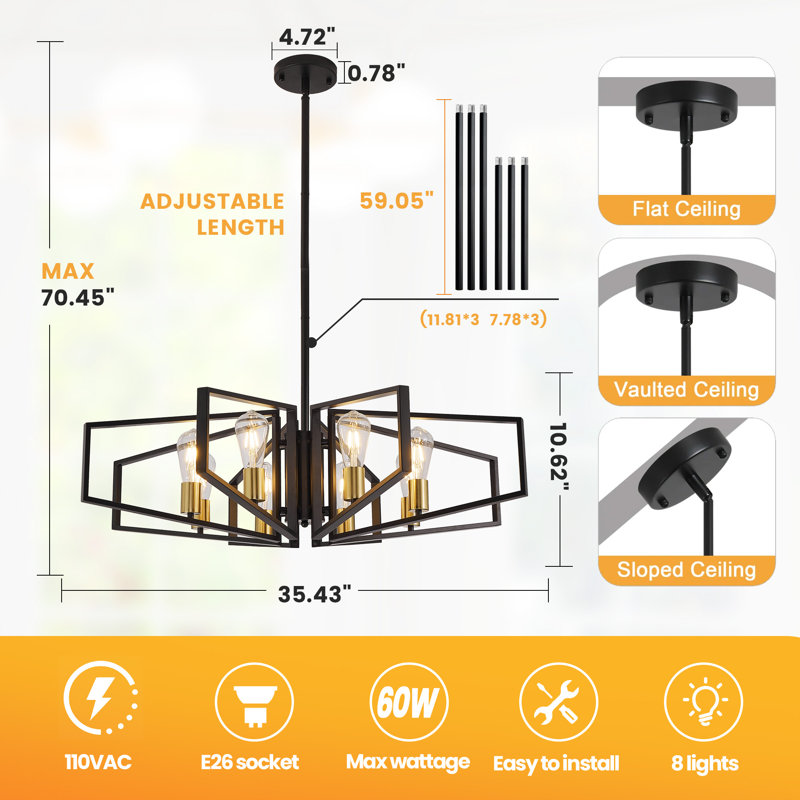 8 - Light Dimmable Geometric Chandelier, Black/Gold, 10.62" H x 35.43" W x 35.43" D