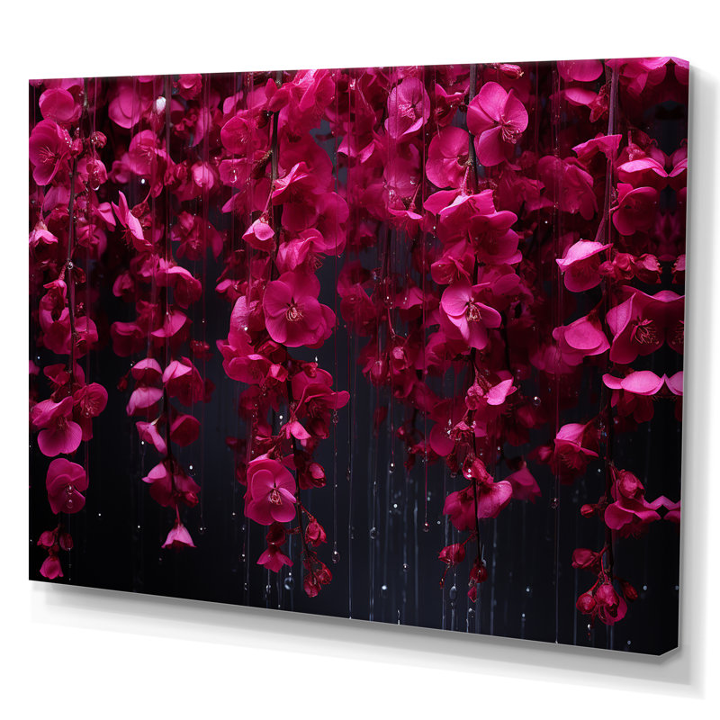 Rose et noir, cascade de fleurs fuschia - art mural sur toile Fuschia, Toile tendue, H 30 po x l 40 po x P 1,5 po