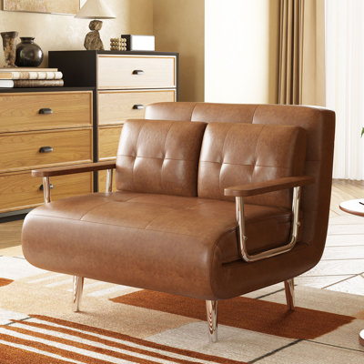 59 In. Mid Century Modern Cognac Faux Leather Convertible Sofa Bed With High Density Foam And Hidden Support Legs