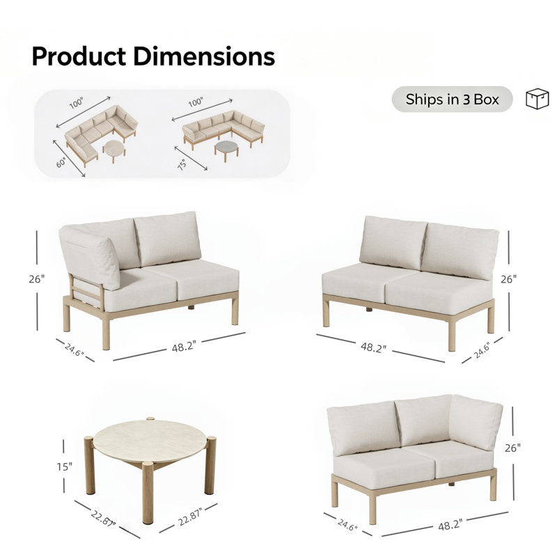Canapé d'angle modulaire extérieur avec coussins épais et table basse ronde, beige