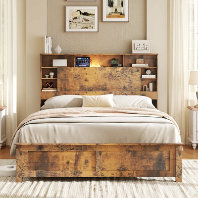 Full Size Bed Frame With Storage Headboard, Wood Platform Bed Frame With Charging Station, Led Lights & Bookcase, No Box Spring Needed, Dark Brown