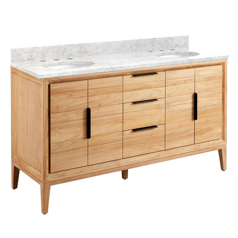 Ensemble de meuble-lavabo double 60 po avec lavabo sous-comptoir ovale Aliso, Marbre de Carrare, Teck naturel