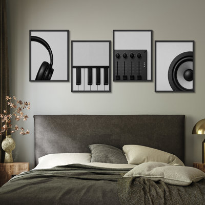 Minimal Black and White Music Gear Headphones Keyboard Mixer Speaker Framed Wall Art Prints Set of 4 - Modern Studio Bedroom Office Entertainment Room Decor
