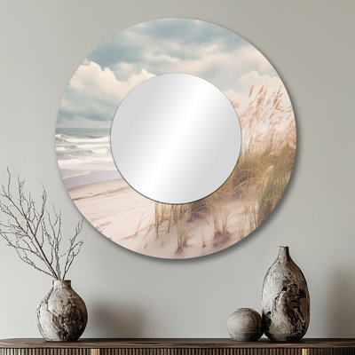 Beach Grass Landscape IV - Beach Decorative Wall Mirror, White Round Mirror, Printed Metal Art