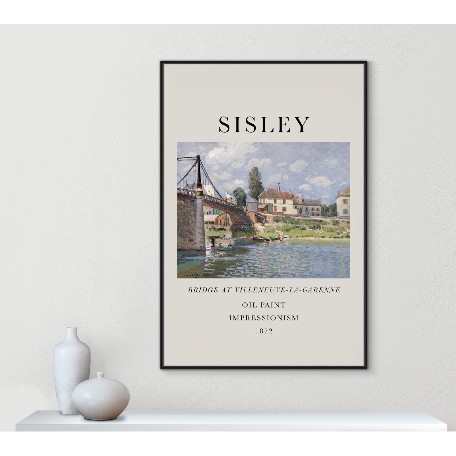 Old Masters Collection " The Bridge At Villeneuve " by Alfred Sisley, No, 61.5" H x 41.5" W x 2" D, Black Floater Frame
