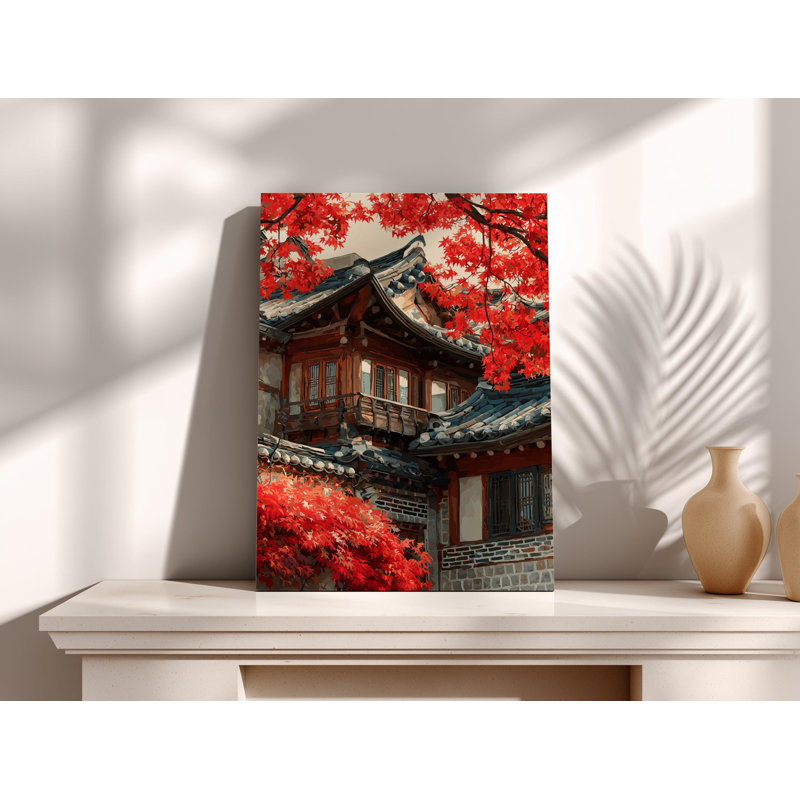 Art coréen, art de la maison coréenne, peinture Hanok traditionnelle avec des feuilles d'érable rouges, architecture asiatique sereine