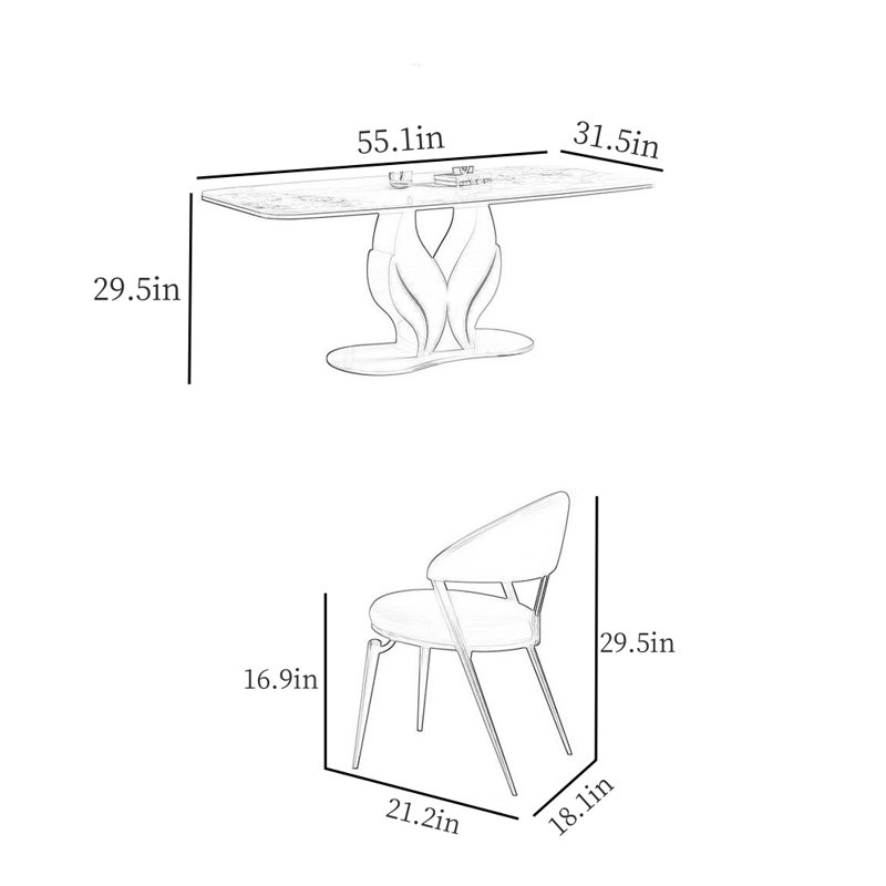 Modern Rectangular Rock Slab Dining Table Sets, 29.5"H x 55.1"L x 31.5"W