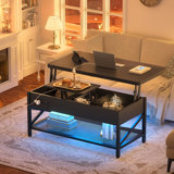 Kristien Lift Top Coffee Table with LED strip,End Table with 2 -Tier Storage shelves for Living Room