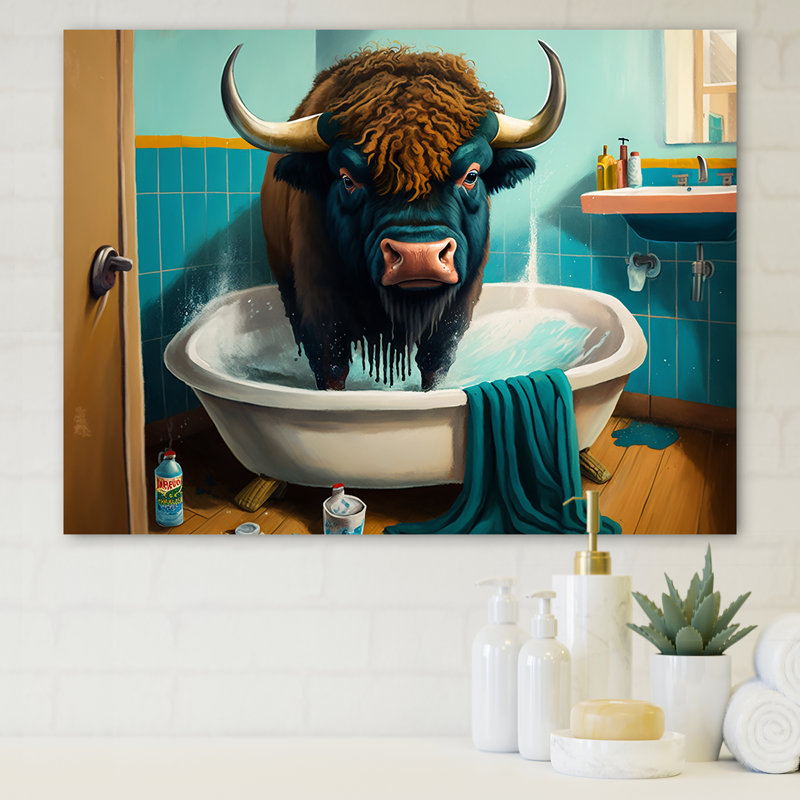 Caricature de bison faisant un gâchis dans la baignoire - reproduction sur toile tendue