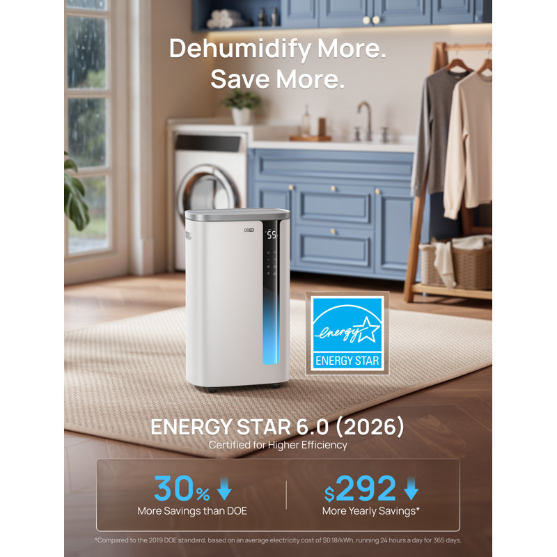 DREO 73 pt. 2000 pieds carrés Pi. Déshumidificateur intelligent, grand réservoir d'eau de 7 L, 3 vitesses, 41dB silencieux avec minuterie, ENERGY STAR, drain continu en blanc