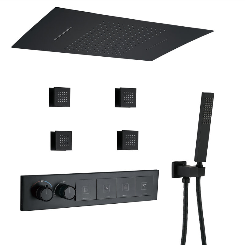 Système de douche thermostatique 4 fonctions 24,8 * 12,99 "de luxe, système de douche de plafond avec jets de corps avec valve brute