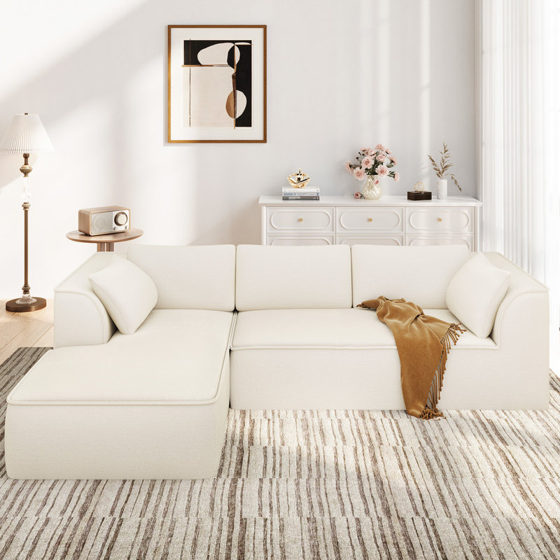 106" Boneless Deep Seat Modular Sofa With Lounge Chair & Memory Foam, Beige Chenille, Left Hand Facing