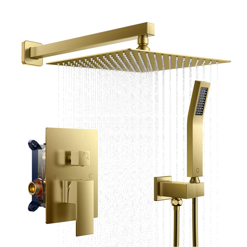Système de tête de douche à pluie murale 12 po avec robinet et corps de robinet brut, Or brossé