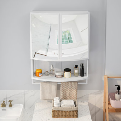 23.62" Modern Arched Glass Double-Door Wardrobe With Shatterproof Non-Glass Mirror - Double-Layer Storage, Open Shelf & Towel Rack For Entryway, Living Room, Bathroom, Dining Room (White)