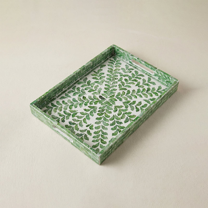 Plateau de mosaïque en nacre avec motif de feuilles vertes, plateau de service décoratif