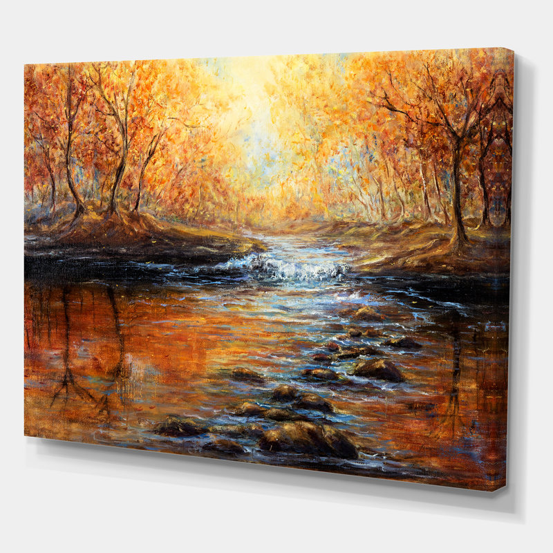 Lumière matinale dans la forêt d'automne - Peinture sur toile, H 16 po x l 32 po x p 1 po, Toile tendue
