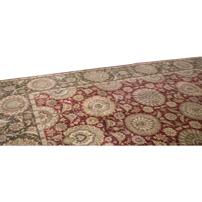 Tapis rouille et vert clair de haute qualité noué à la main