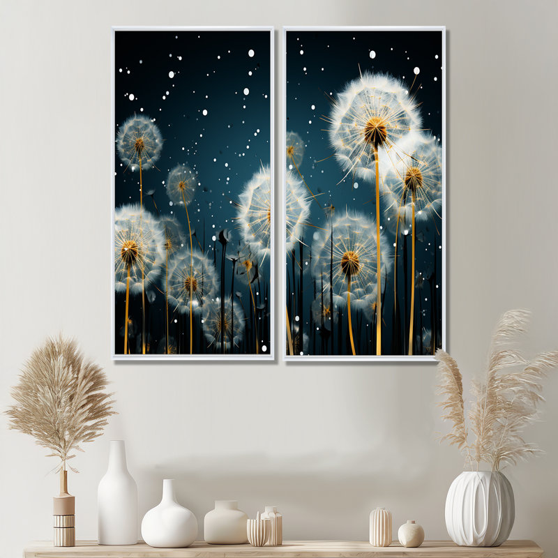 Ensemble de 2 décorations murales pissenlit blanc, 32" H x 32" W, Impression encadrée flottante, White