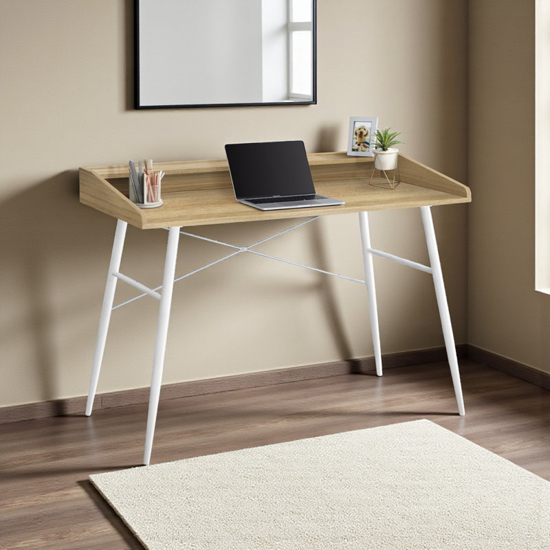 Lindo Natural Finish Computer Desk With Hutch & White Metal Leg, 33.88" H X 46.95" W X 23.56" D