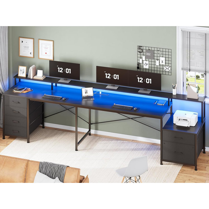Rockville 108.2'' W L-Shaped Computer Desk with Drawers and Power Outlets, Black