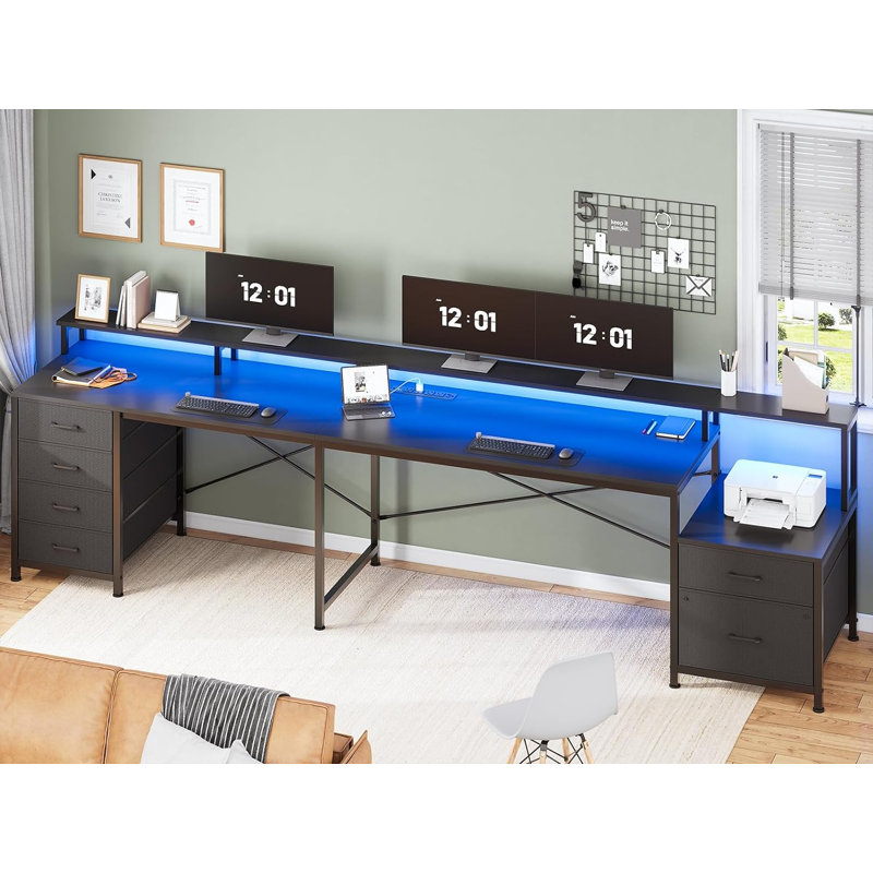 Rockville 108.2'' W L-Shaped Computer Desk with Drawers and Power Outlets, Black