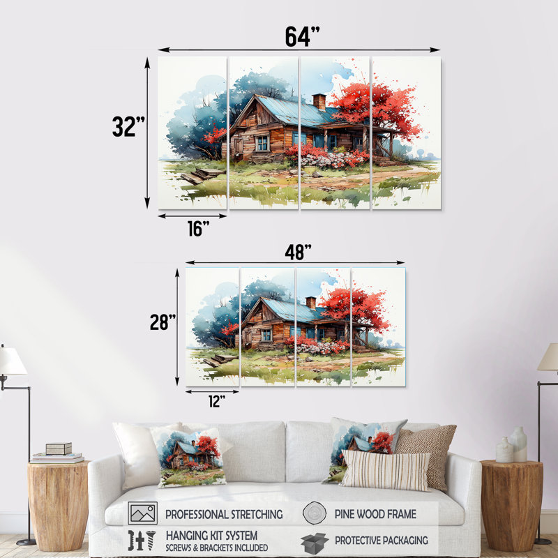 Maison de campagne bleue avec arbre rouge - art mural paysage pour le salon, 4 pièces, H 28 po x l 48 po
