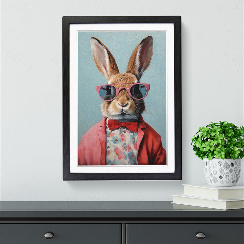 Rabbit With Glasses - Single Picture Frame Print on Wood, Black, 46cm H x 34cm W x 2cm D