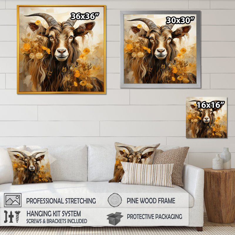 Chèvre jaune et brun, prairie florale - Chèvre, art mural, H 30 po x l 30 po x P 1,5 po, Cadre doré simple