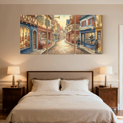 Scénario et paysages urbains, charmante rue, magasins de fantaisie, ville, ensemble de 3 impressions sur toile