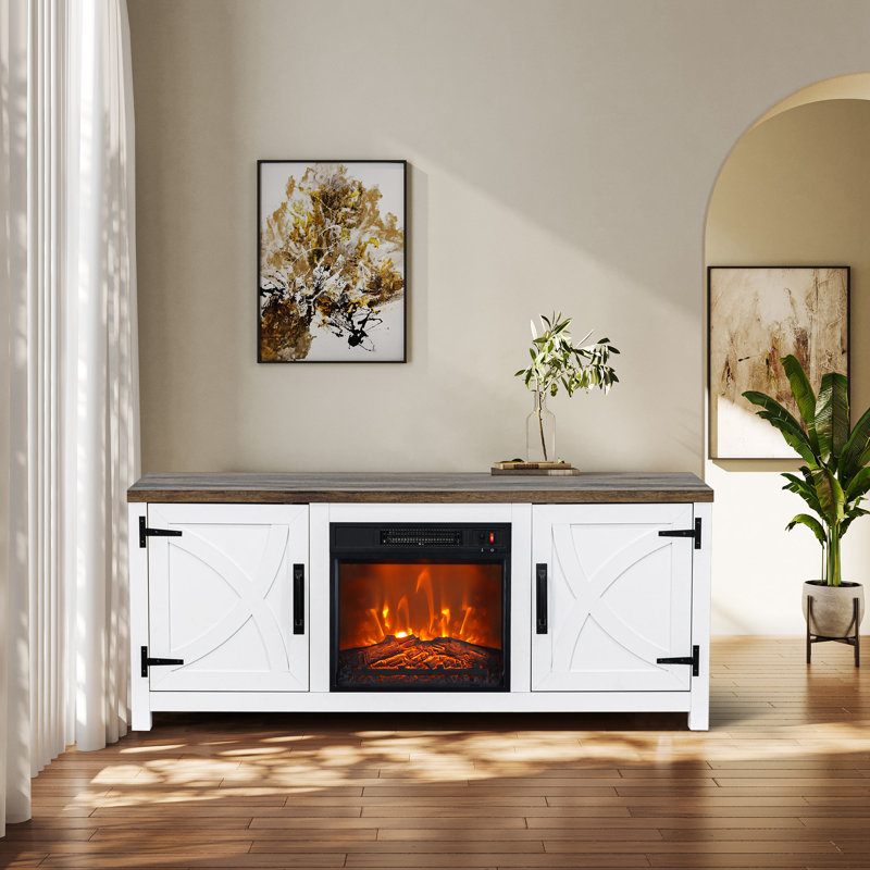 Kristanne 58" W TV Stand with Electric Fireplace and Cabinet/Enclosed storage, White