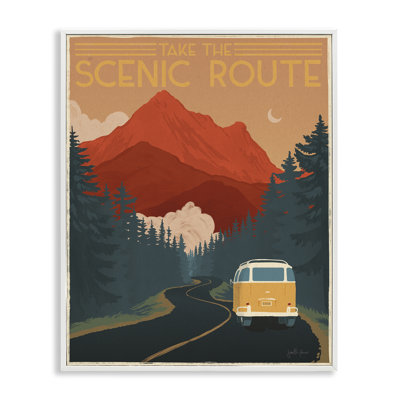 Take the Scenic Route Phrase Retro Mountain Travel White Framed Giclee Texturized Art by Janelle Penner