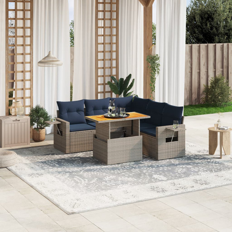  Ensemble de canapé de patio 6 pièces avec coussins en rotin de polyester, Gris, Bleu