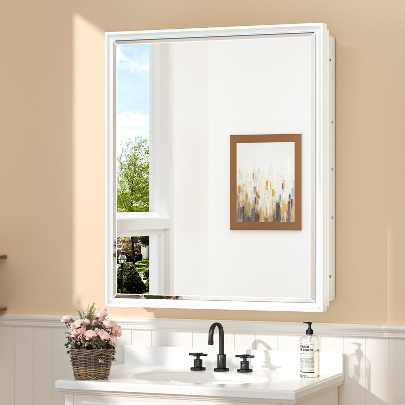 Cyrille Recessed & Surface Framed Medicine Cabinet with Mirror and Shelves, 30" H x 26" W x 5.2" D, White