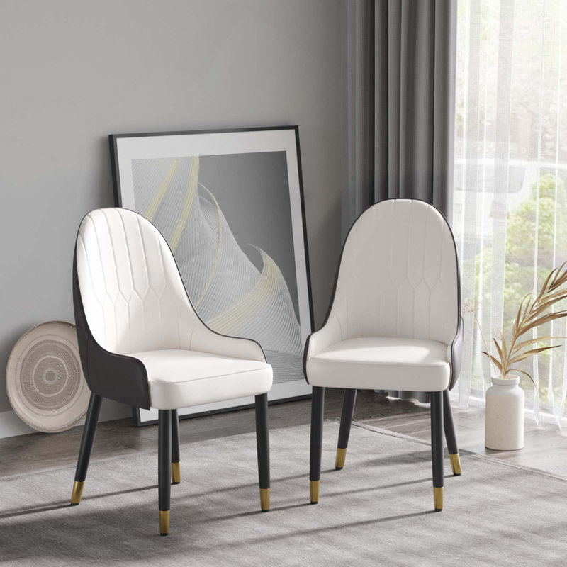 Ensemble de 2 chaises de salle à manger modernes avec un design ergonomique et un revêtement en fer doux, Blanc / Brun foncé