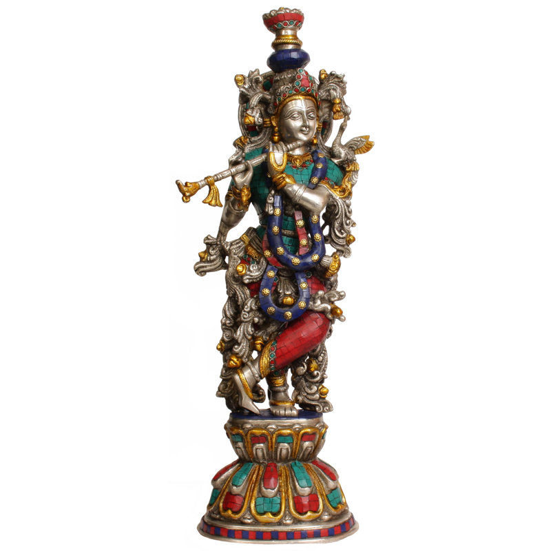 Handmade 24-Inch Brass Lord Krishna Statue Playing Flute | Intricately Crafted Indian Spiritual Sculpture for Home Decor