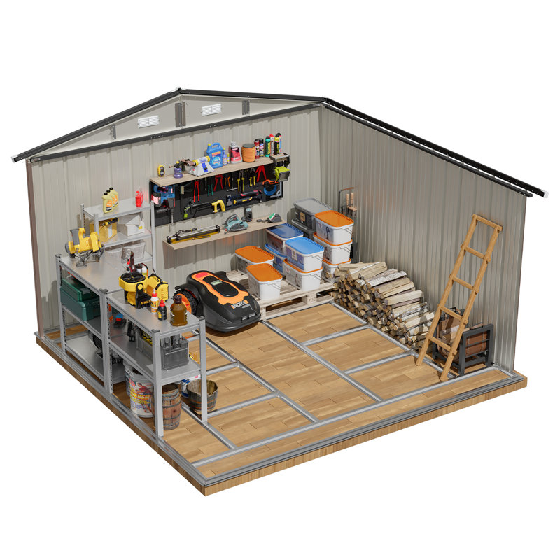 Remise de rangement en métal l 10 pi x P 8 pi avec base en métal, Noir, H 76,5 po x l 120 po x P 96 po