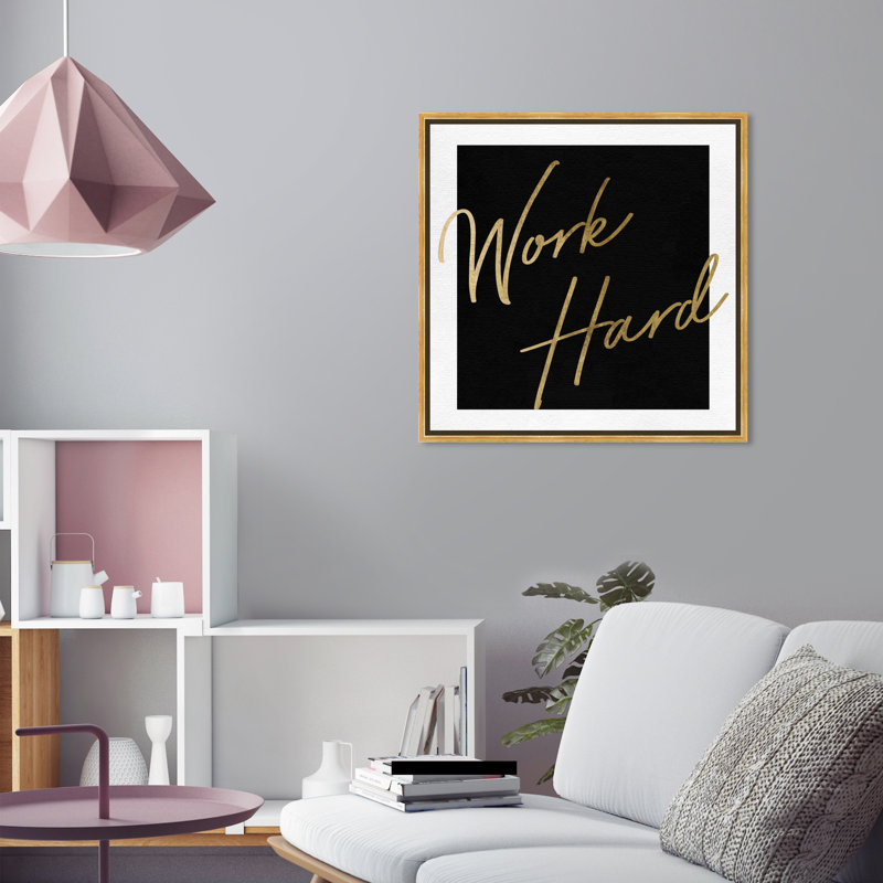 " Work Hard Gold " Textual Art Print, 24'' H x 24'' W, Gold Framed Canvas