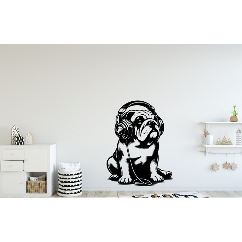 Autocollant mural Bulldog écoutant musique chien Saint-Valentin, H 22 po x l 17 po, Rose pastel