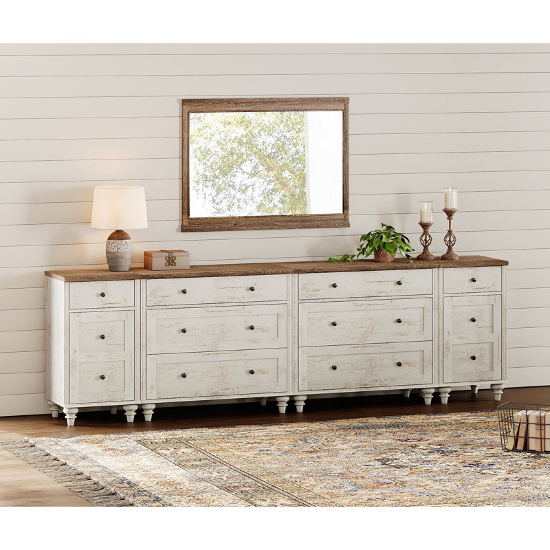 100" TV Stand With 8 Drawers, TV Cabinet Entertainment Center For 75/80/85/90 Inch TV With Charging Station, Rustic White