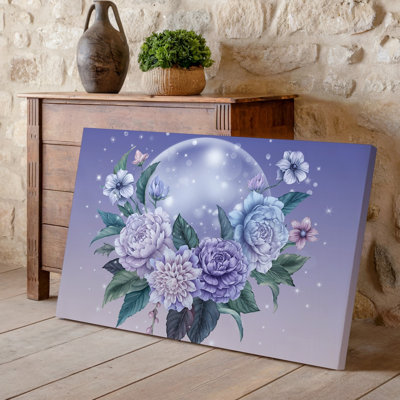 Toile, arrangement floral délicat et éthéré mettant en vedette un ensemble d'art mural, lavande douce, rose pastel et fleurs bleu clair