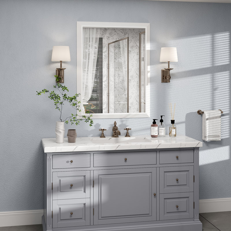 Molly Tempered Glass Metal Beveled Framed Wall Mounted Vanity Rectangular Mirror, 36" x 28", White