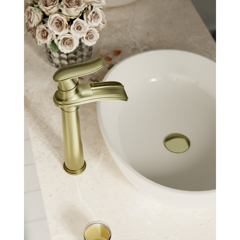 VanoFall Waterfall Vessel Gold Single Hole, Single Handle With Drain Assembly, Brushed Gold
