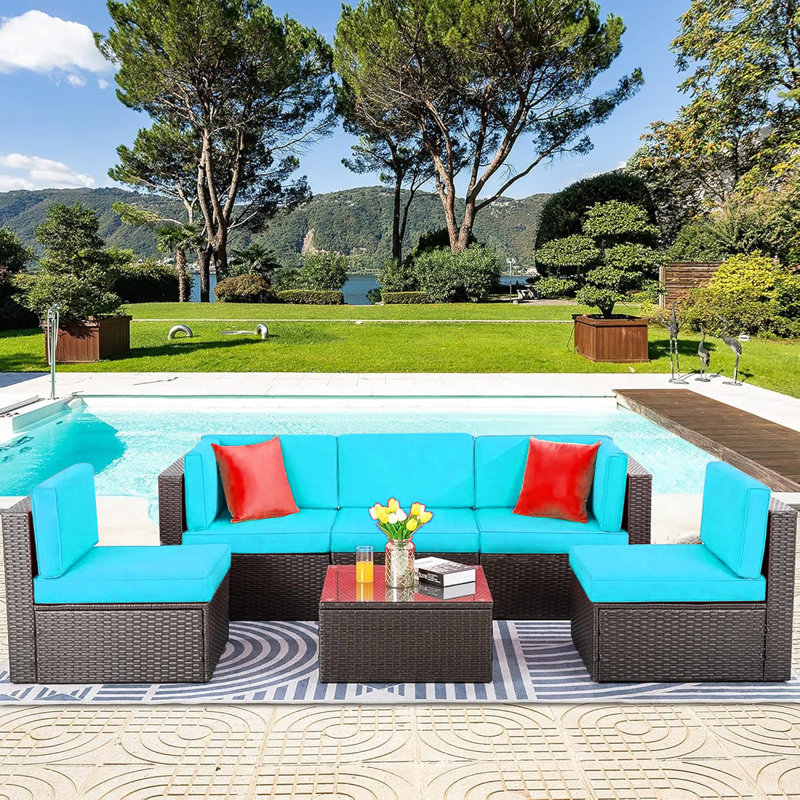 6 Piece Wicker / Rattan Outdoor  Sectional Seating Group with Cushions, Blue