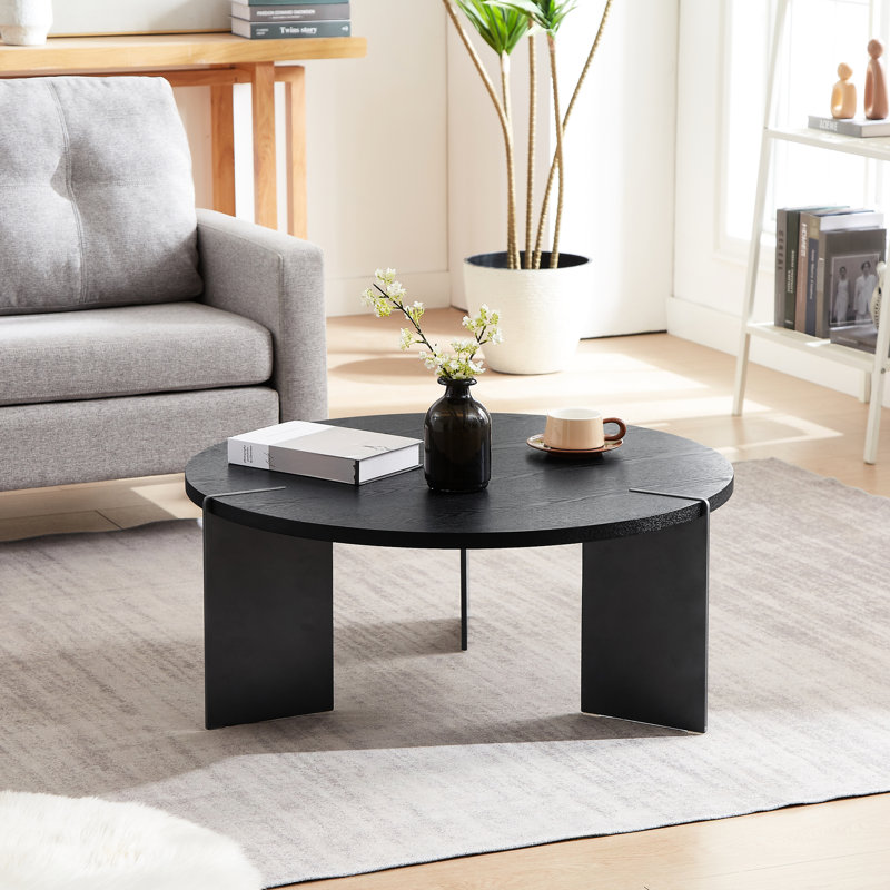 Table basse avec structure en bois de chêne noir et en métal, forme ronde, 34,43 po Profondeur, table pratique, type noyer, matériau, poids de 28,19 lb, surface lisse,
