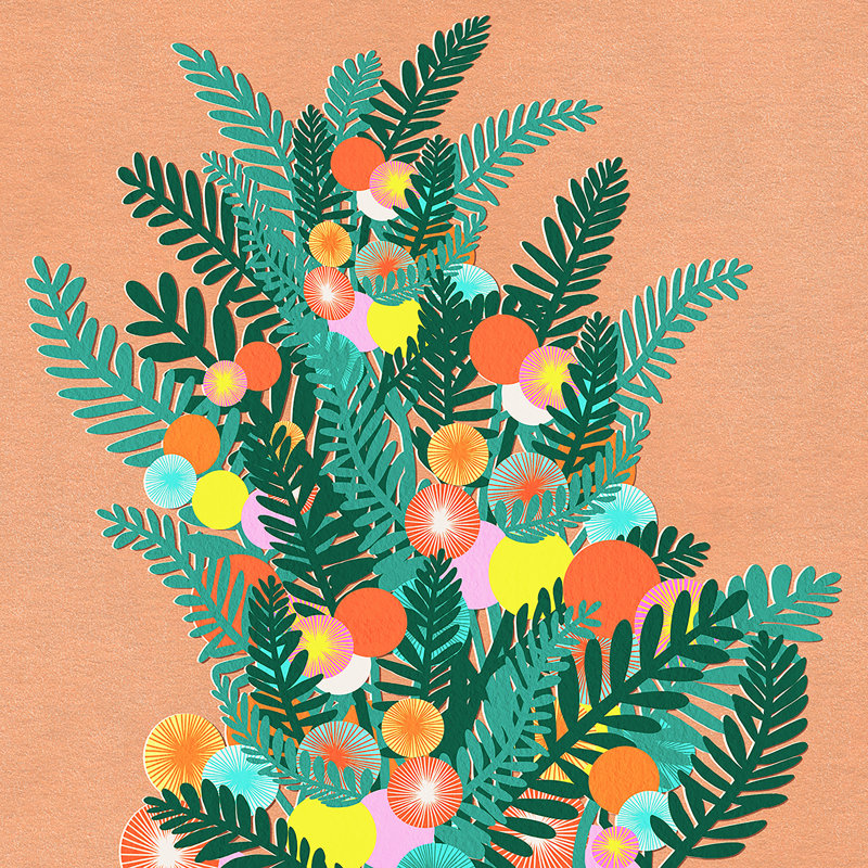 «Berry Branches Green Orange» par Sarah Constantino - impression, H 12 po x l 12 po, Non, Toile tendue