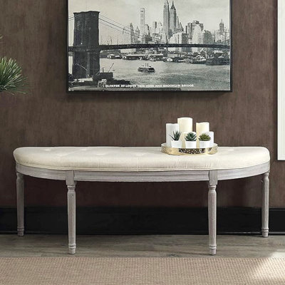 Coastal Bench - Button Tufted Upholstered Seat, Weathered Gray Finish Legs